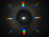 分光シートの側からのぞくと、美しいRGBが観察できます。これは太陽光のRGBです。蛍光（けいこう）灯をみると、どうなるでしょう？