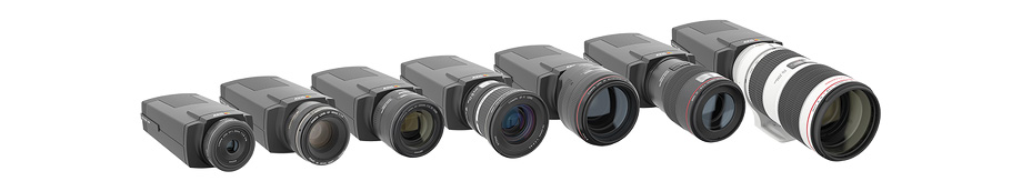The Axis Q1659 network camera shown with various interchangeable EF lenses
