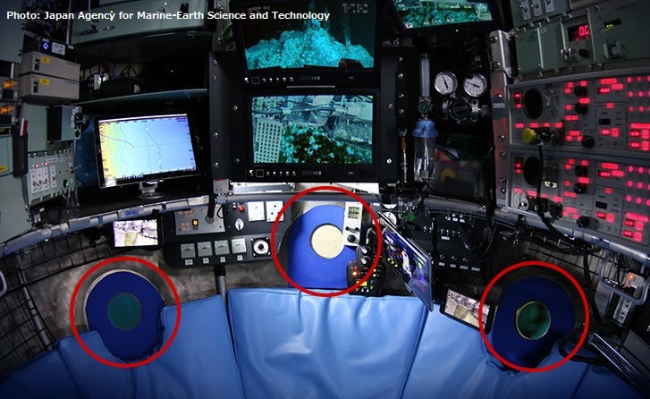 The titanium alloy pressure hull is a sphere with an internal diameter of 2 meters. This is where the cockpit of the Shinkai 6500, which sits three people, is located. The viewports are circled in red.