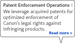 Patent Enforcement Operations: We leverage acquired patents for optimized enforcement of Canon's legal rights against infringing products.