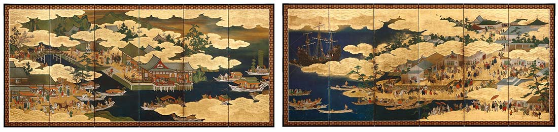 "Nanban Ships and Chinese Junks" by Kano Takanobu (the originals of which reside in the collection of the Kyushu National Museum)