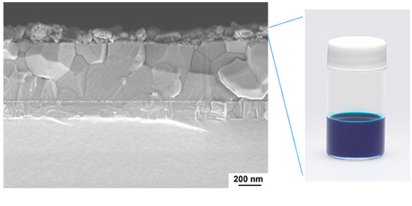  Left: Electron micrograph cross-section of perovskite solar cell that employs a layer of the newly developed high-performance material,  Right: The newly developed high-performance material