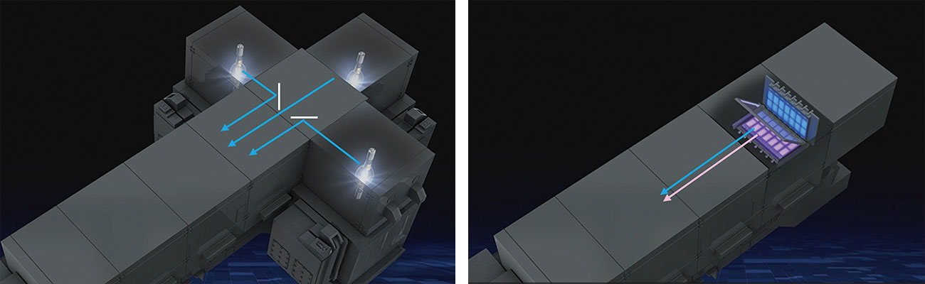 The LED option (right) reduces the number of light sources from three in the conventional model (left) to just one