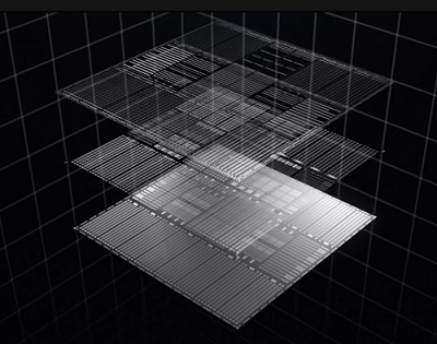 Semiconductor chip created by layering dozens of circuit layers (conceptual image)