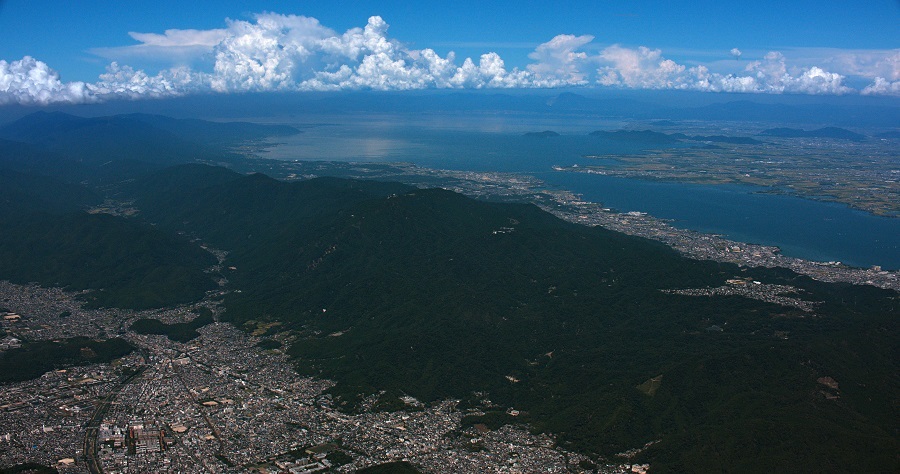 Image of Lake Biwa and the Kyoto cityscape captured from above Mount Hiei