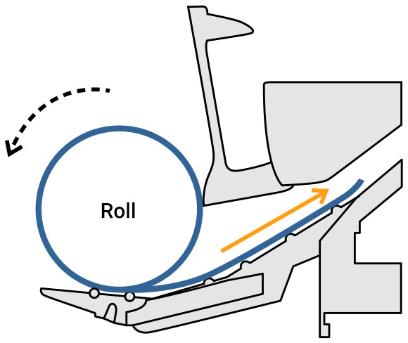 Step 5: The roll rotates again, feeding the paper into the inlet for printing.