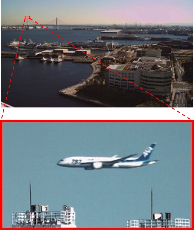 Overview shot captured with an approximately 250-megapixel CMOS sensor and footage taken using a prototype equipped with an EF800mm telephoto lens and electronic zoom.