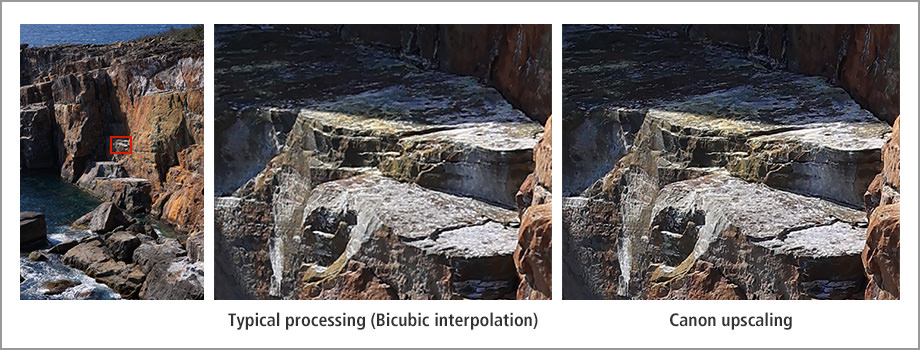Rock face of a cliff: conventional processing vs. Canon upscaling