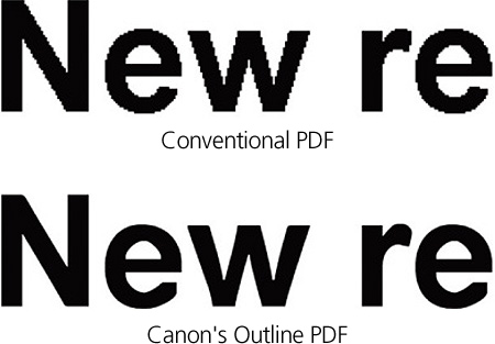 Comparison images showing smooth, environment-independent text using Outline PDF conversion technology.