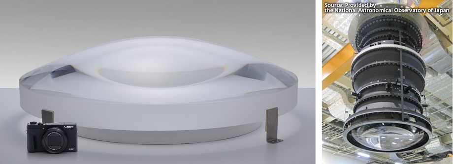 This image shows a lens system used in the Subaru Telescope for astronomical observation.