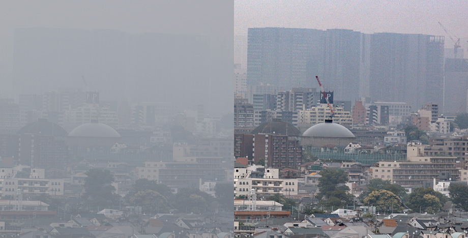 Images with reduced sharpness due to fog or haze (left) and images with sharpening processing (right)
