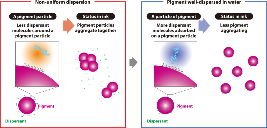 Controlling dispersal state using dispersant that helps disperse the pigment