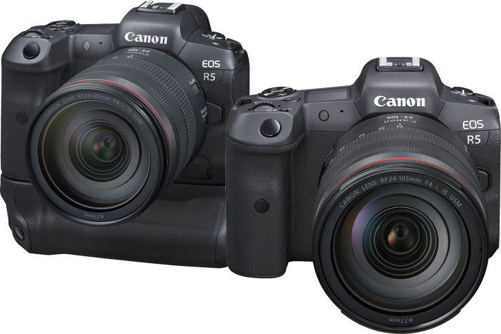The EOS R5 (Left: when equipped with the Battery Grip BG-R10)