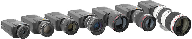 The Axis Q1659 network camera shown with various interchangeable EF lenses