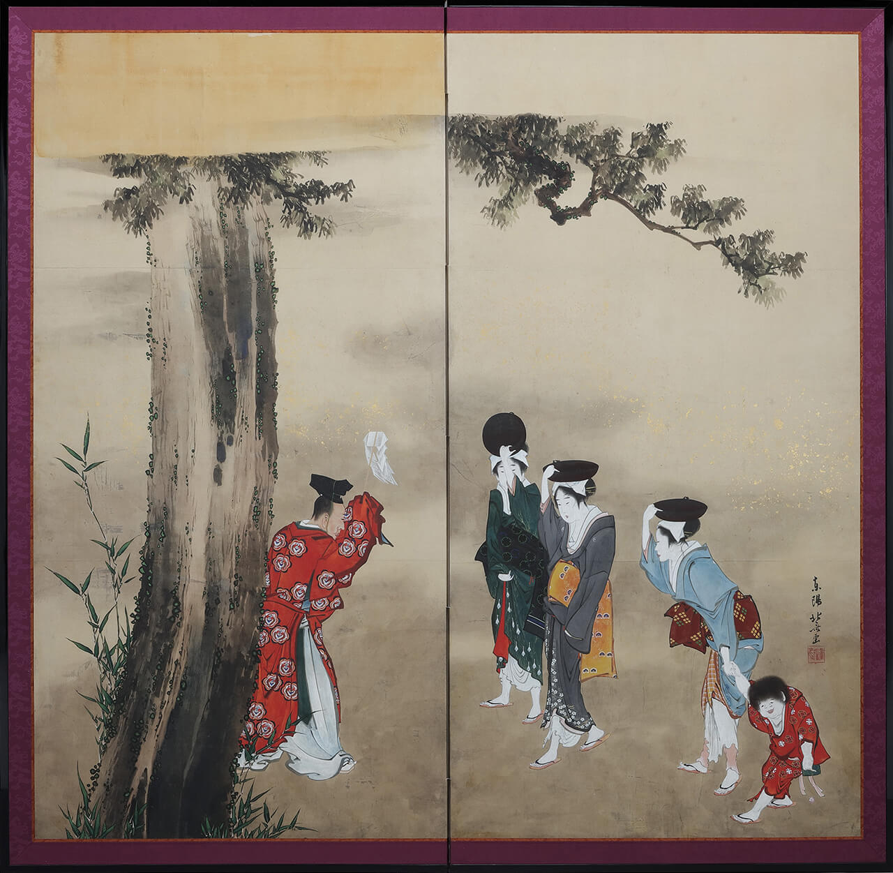 「A Shinto Priest, Three Women and a Child」 Katsushika Hokusai