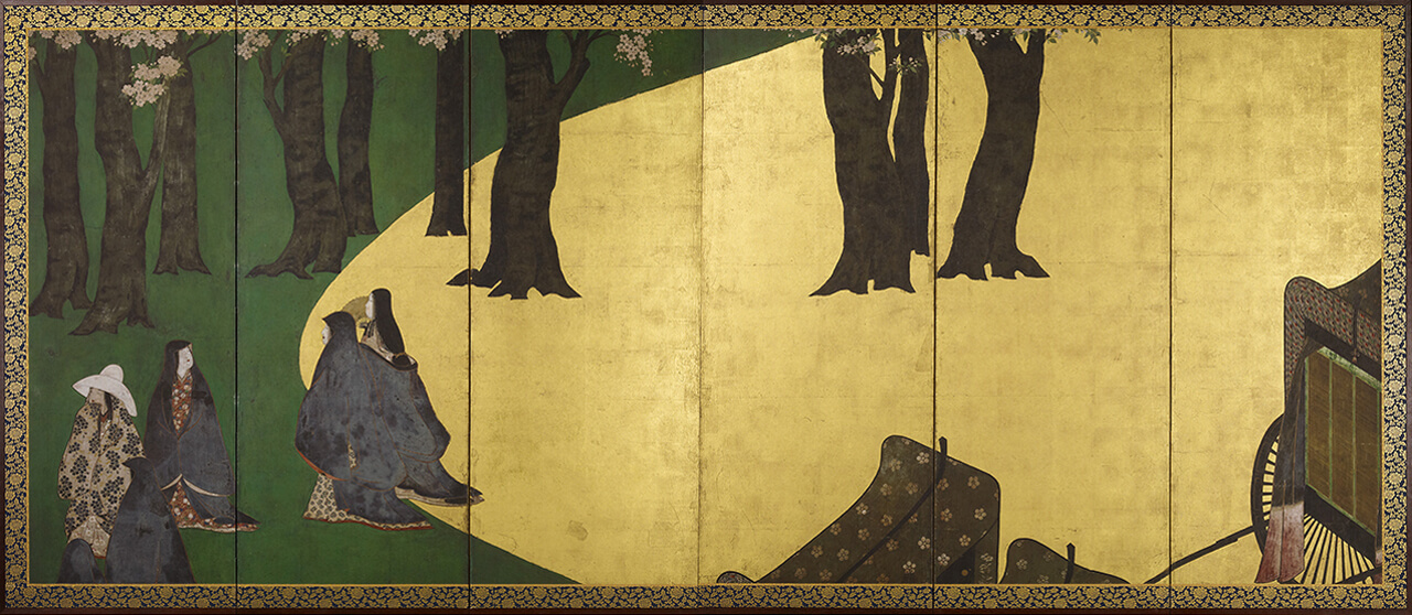 Court Ladies among Cherry Trees Cherry Blossoms, a High Fence, and Attendants/ Attributed to Tawaraya Sotatsu
