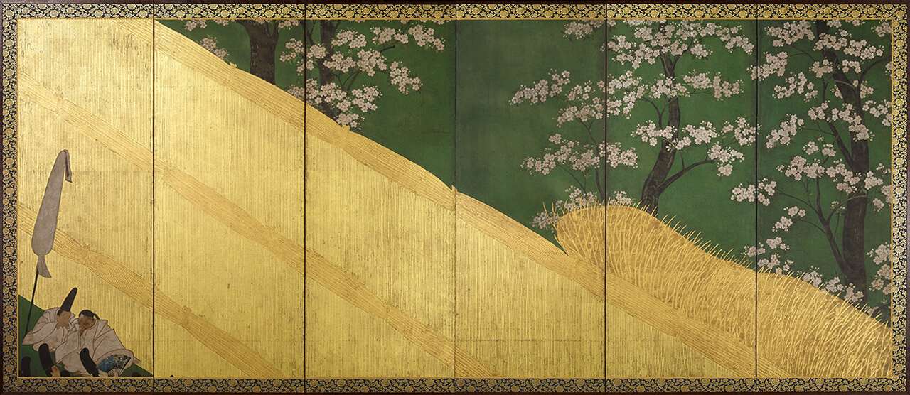 Court Ladies among Cherry Trees Cherry Blossoms, a High Fence, and Attendants/ Attributed to Tawaraya Sotatsu
