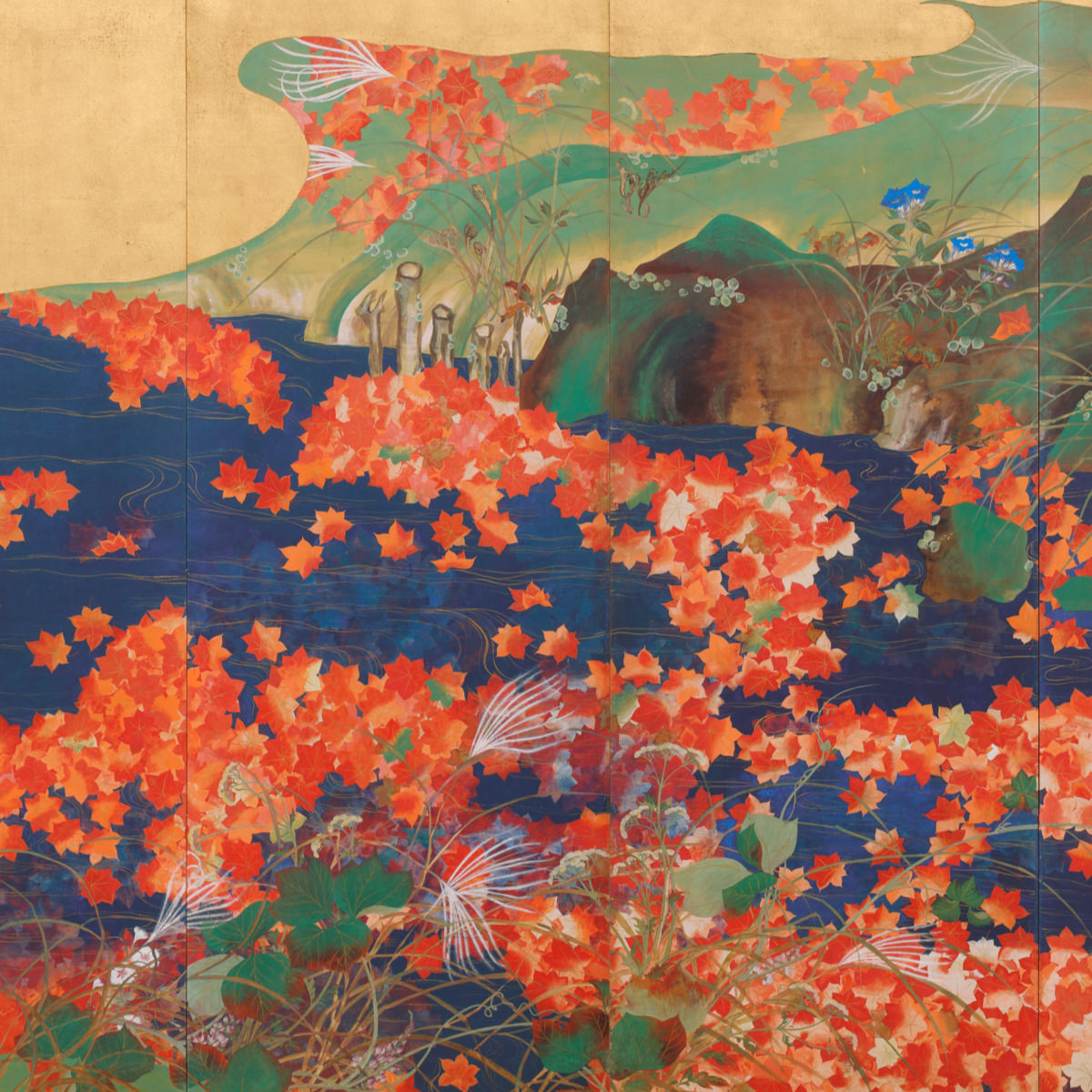 Maple leaves on a stream (front); mountain views (reverse)