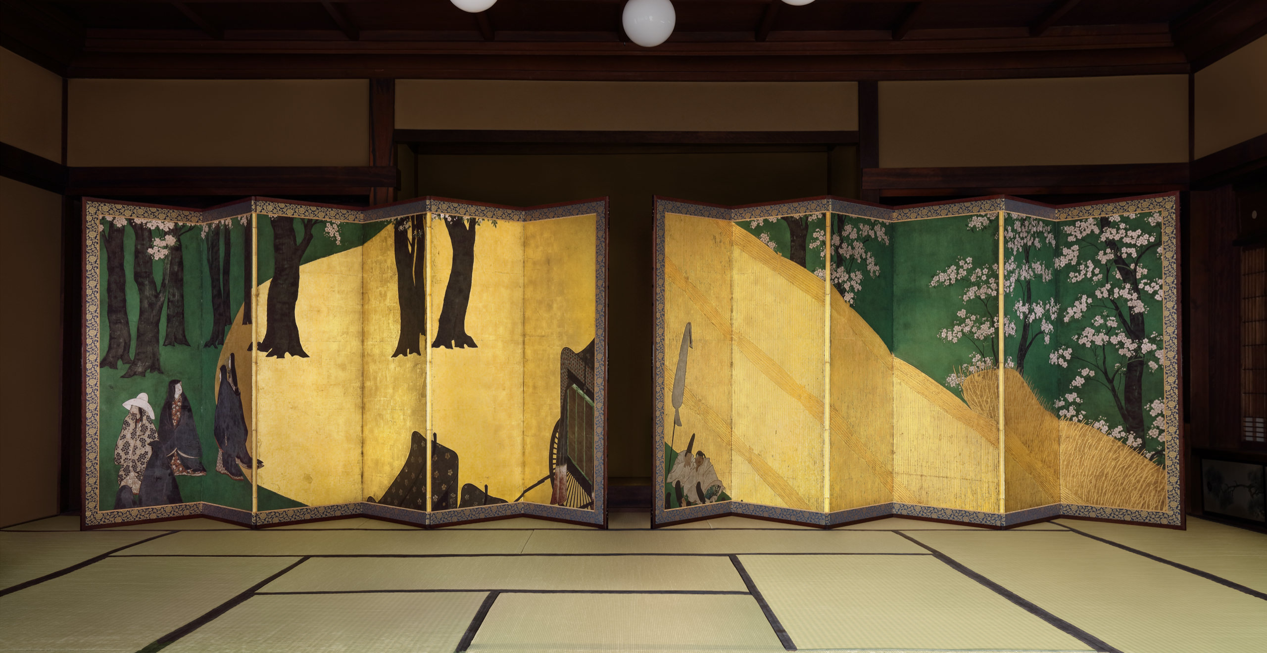 Court Ladies among Cherry Trees Cherry Blossoms, a High Fence, and Attendants exhibition