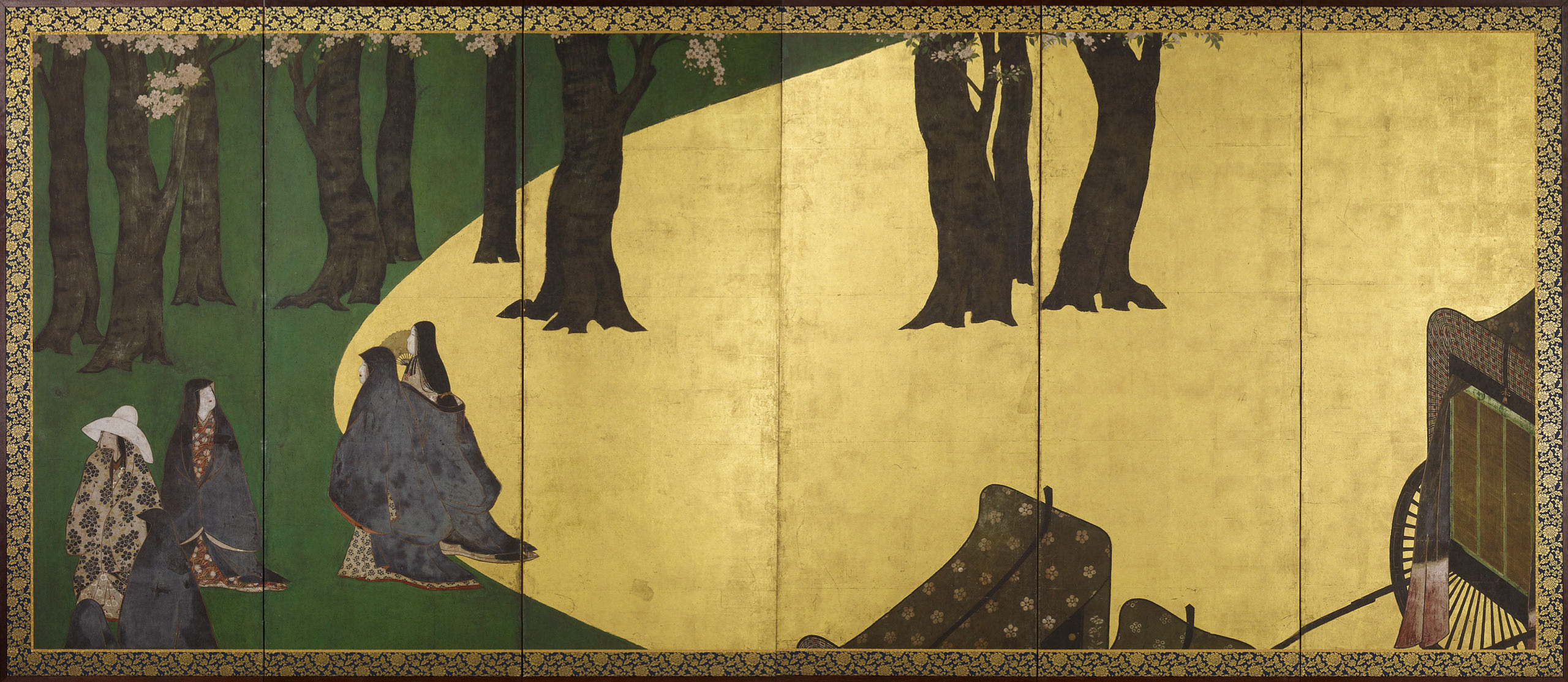 Court Ladies among Cherry Trees Cherry Blossoms, a High Fence, and Attendants left screen