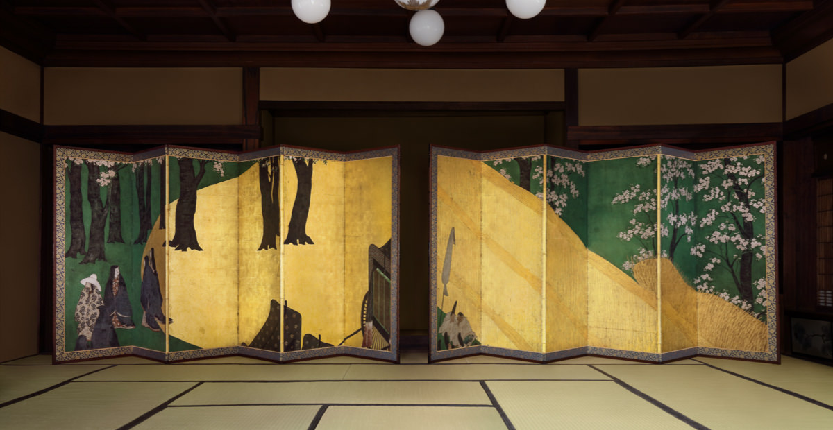 Court Ladies among Cherry Trees Cherry Blossoms, a High Fence, and Attendants
