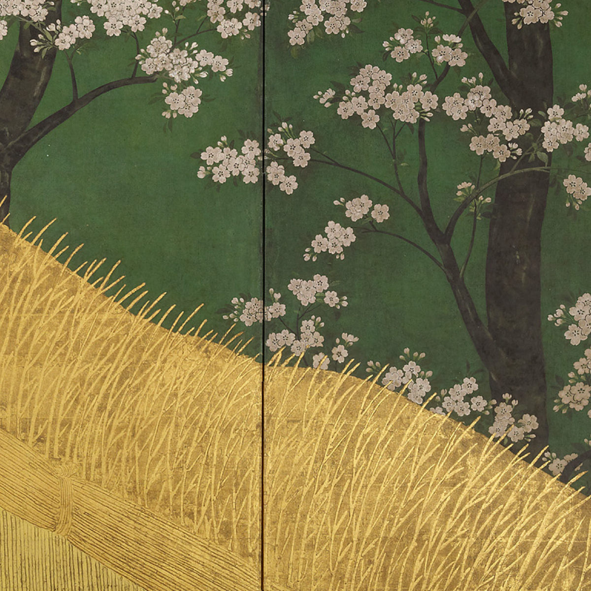 Court Ladies among Cherry Trees Cherry Blossoms, a High Fence, and Attendants