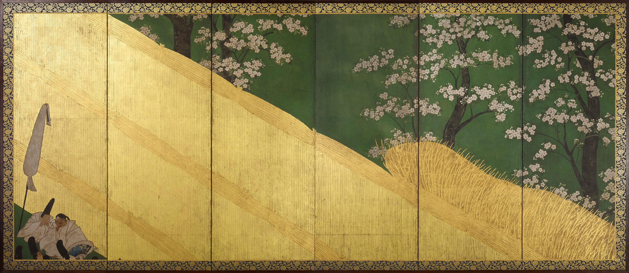 Court Ladies among Cherry Trees Cherry Blossoms, a High Fence, and Attendants right screen