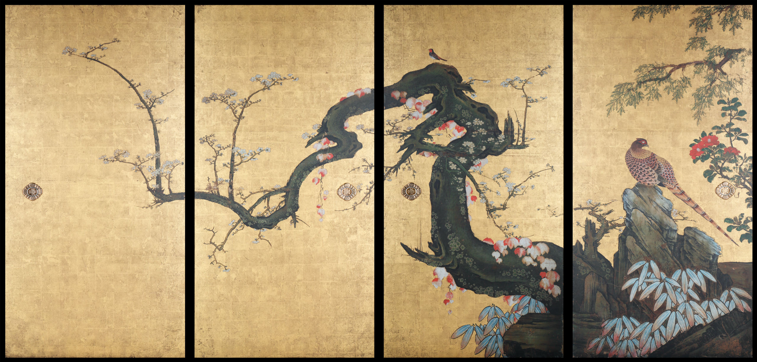 Frolicking Birds in Plum and Willow Trees North 4 panels