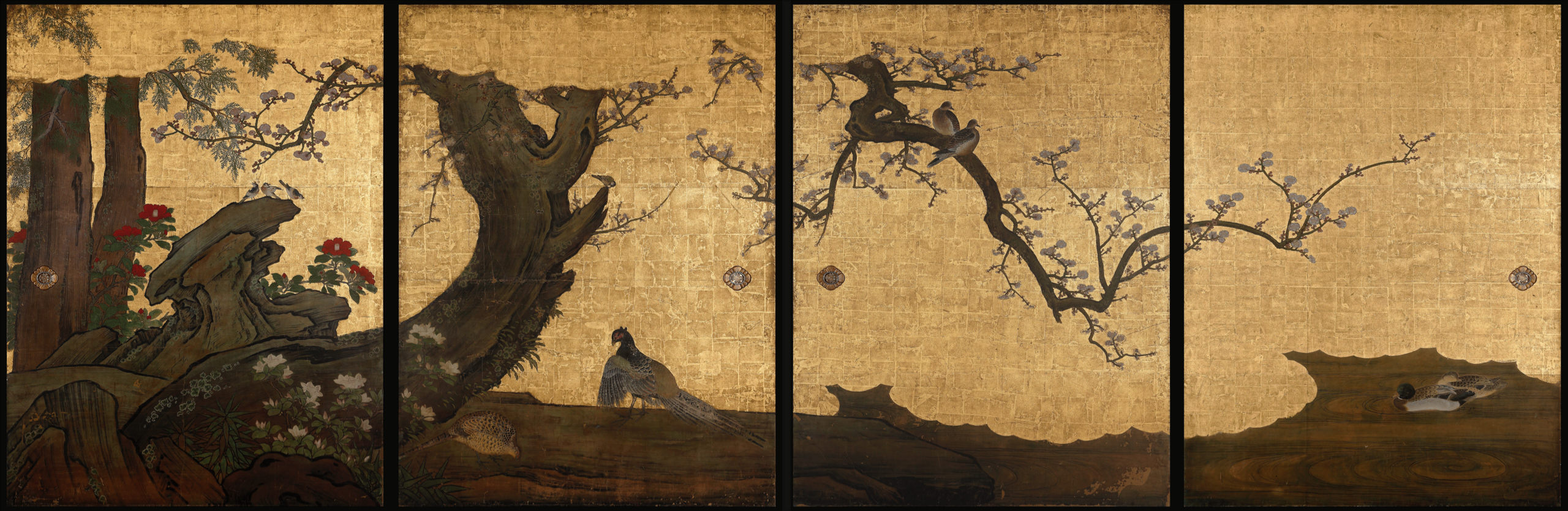 Frolicking Birds in Plum and Willow Trees East 4 panels