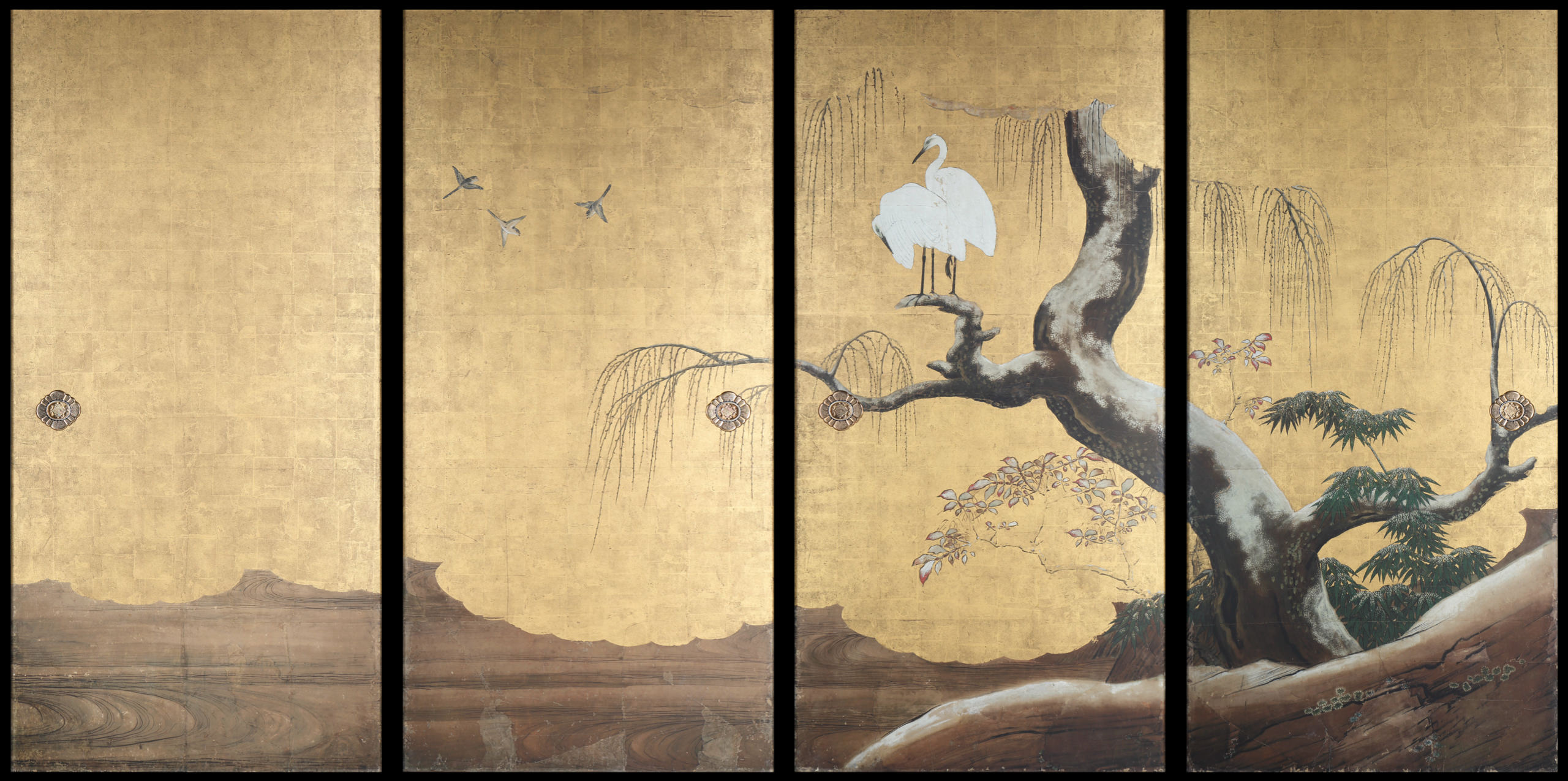 Frolicking Birds in Plum and Willow Trees South 4 panels