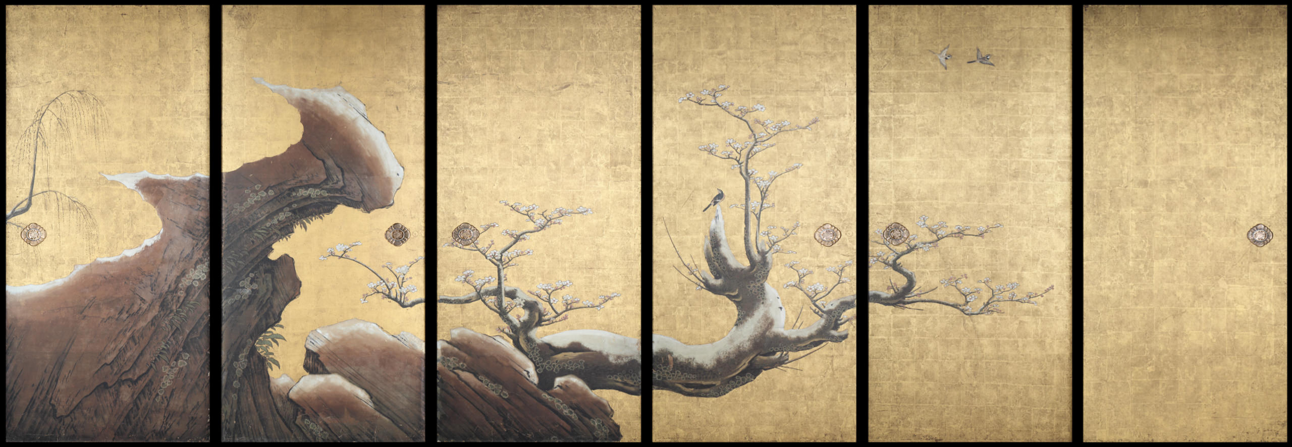 Frolicking Birds in Plum and Willow Trees West 6 panels