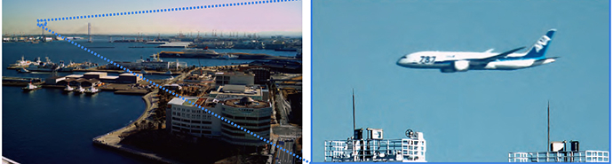 人間の眼では認識することが難しい約18km先を飛行する機体文字の識別を可能にするセンサーで撮影した画像イメージです。