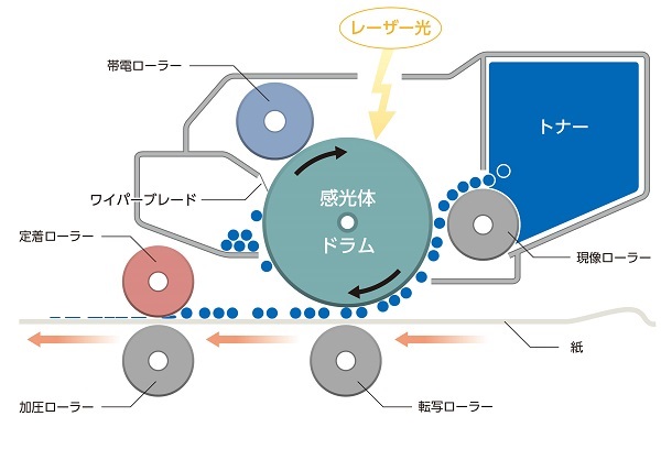 レーザープリンターのプリンター部断面図