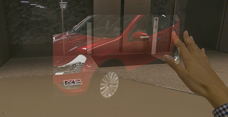 ゴーグルを通して見える現実空間と、ハーフミラーに映写したCG映像を同時に見る場合のイメージ画像