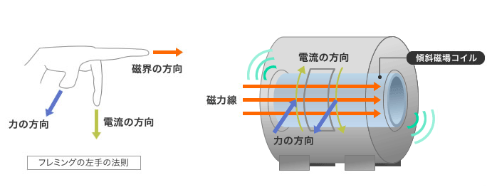 磁場と電波を使って体内を画像化するしくみを説明するイラストです。