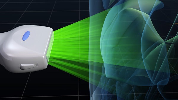 ビームを鋭く、薄くし、診たい部位の情報を受信することを説明するイラストです。