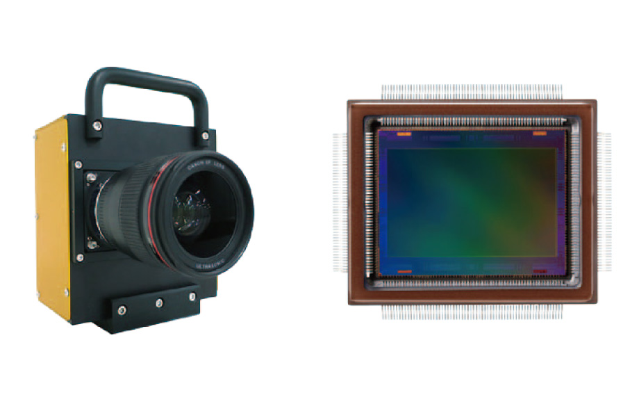 2.5億画素CMOSセンサー（写真右）を搭載した試作カメラ（写真左）（EF35mm F1.4L USM」 装着時）の画像