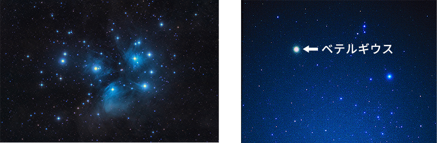 生まれたばかりの若い星「プレアデス星団」（左）と、年老いた赤色巨星「ベテルギウス」（右）