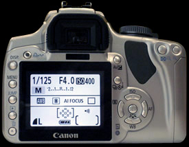 デジタル一眼レフカメラでのシャッター速度 (1/125) としぼり値 (F4.0) の表示