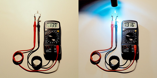 右の写真のように、LEDに光をあてるとテスターに出る数字が大きくなります