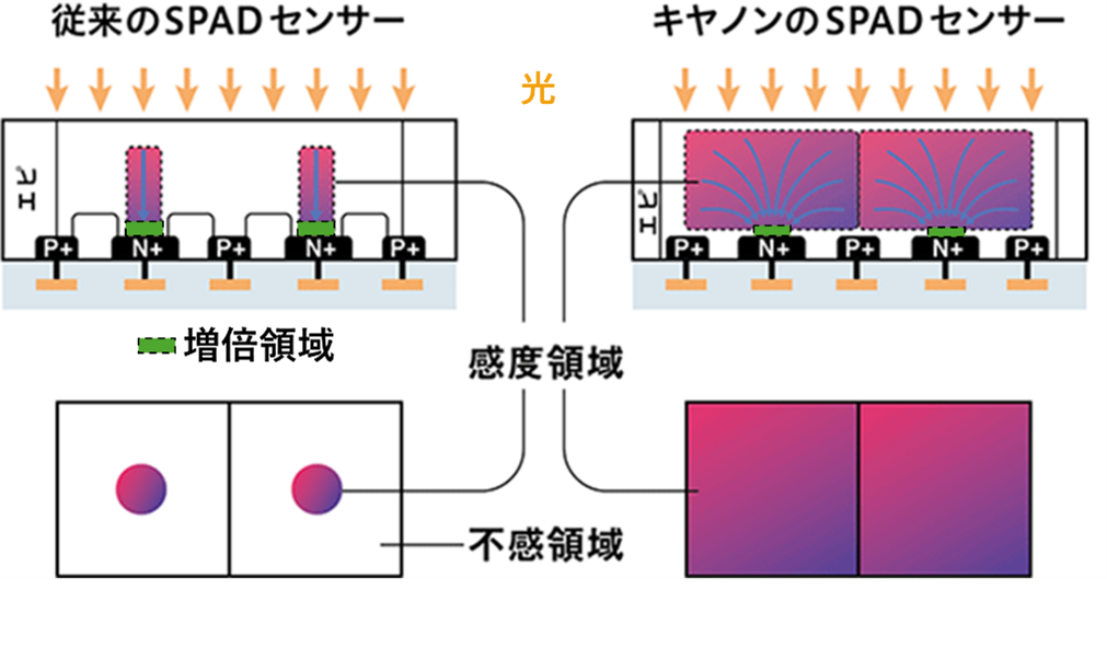 従来のSPADセンサーとキヤノンのSPADセンサーの比較