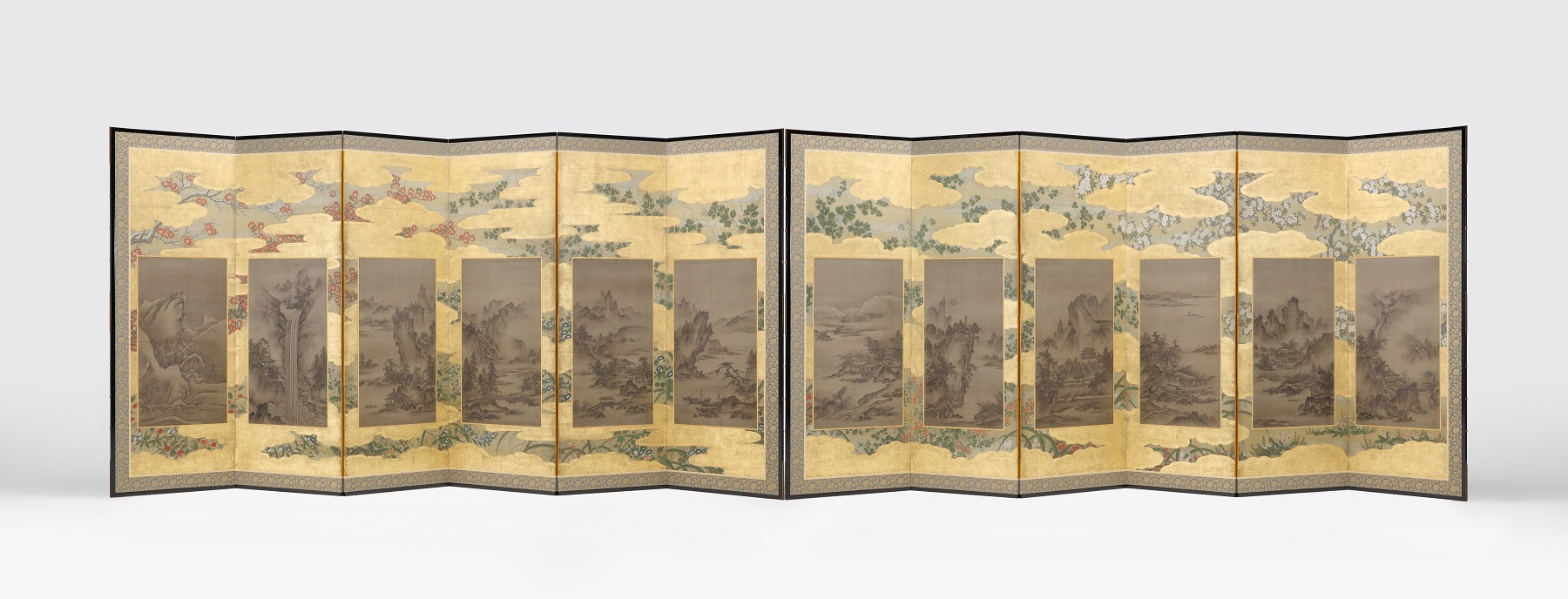 「四季花木草花下絵山水図押絵貼屏風」高精細複製品