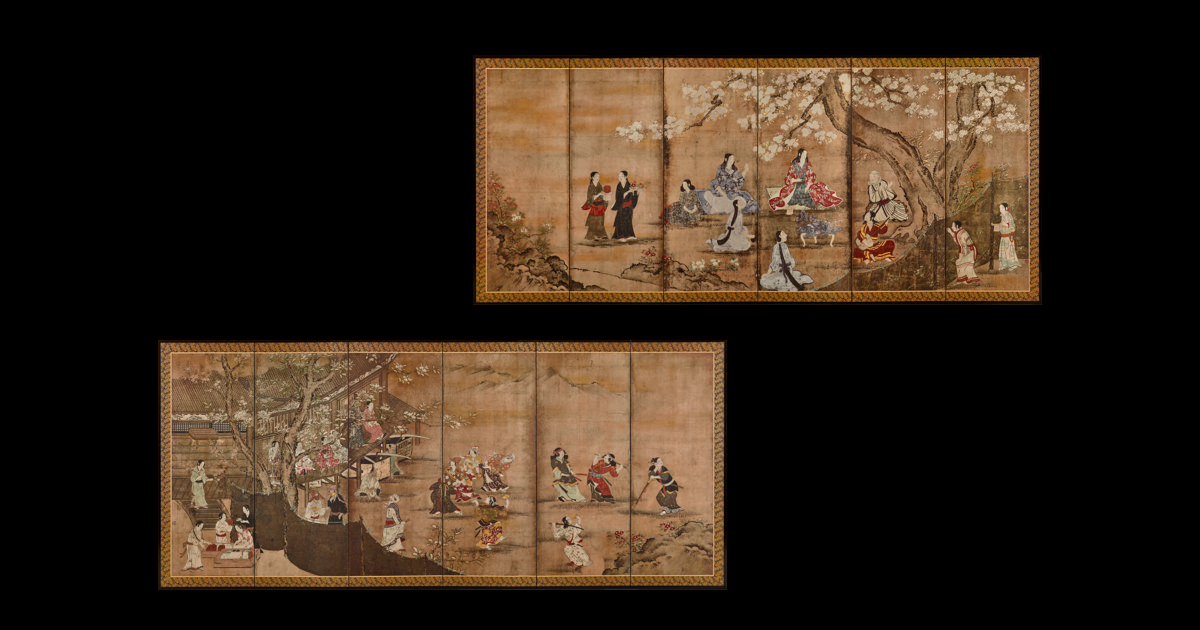 稀少 狩野常信筆 『芳野図屏風』 屏風 二枚折 フランクリン画廊 限定複製画 花下遊楽図屏風 狩野長信・唐獅子図屏風（左隻） 狩野常信 羽田空港