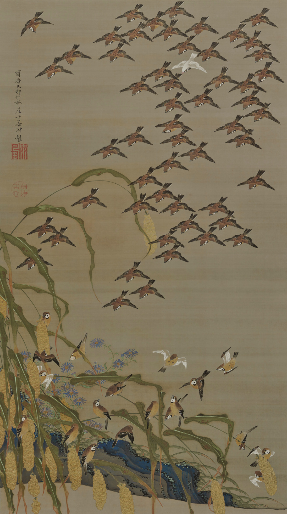 秋塘群雀図