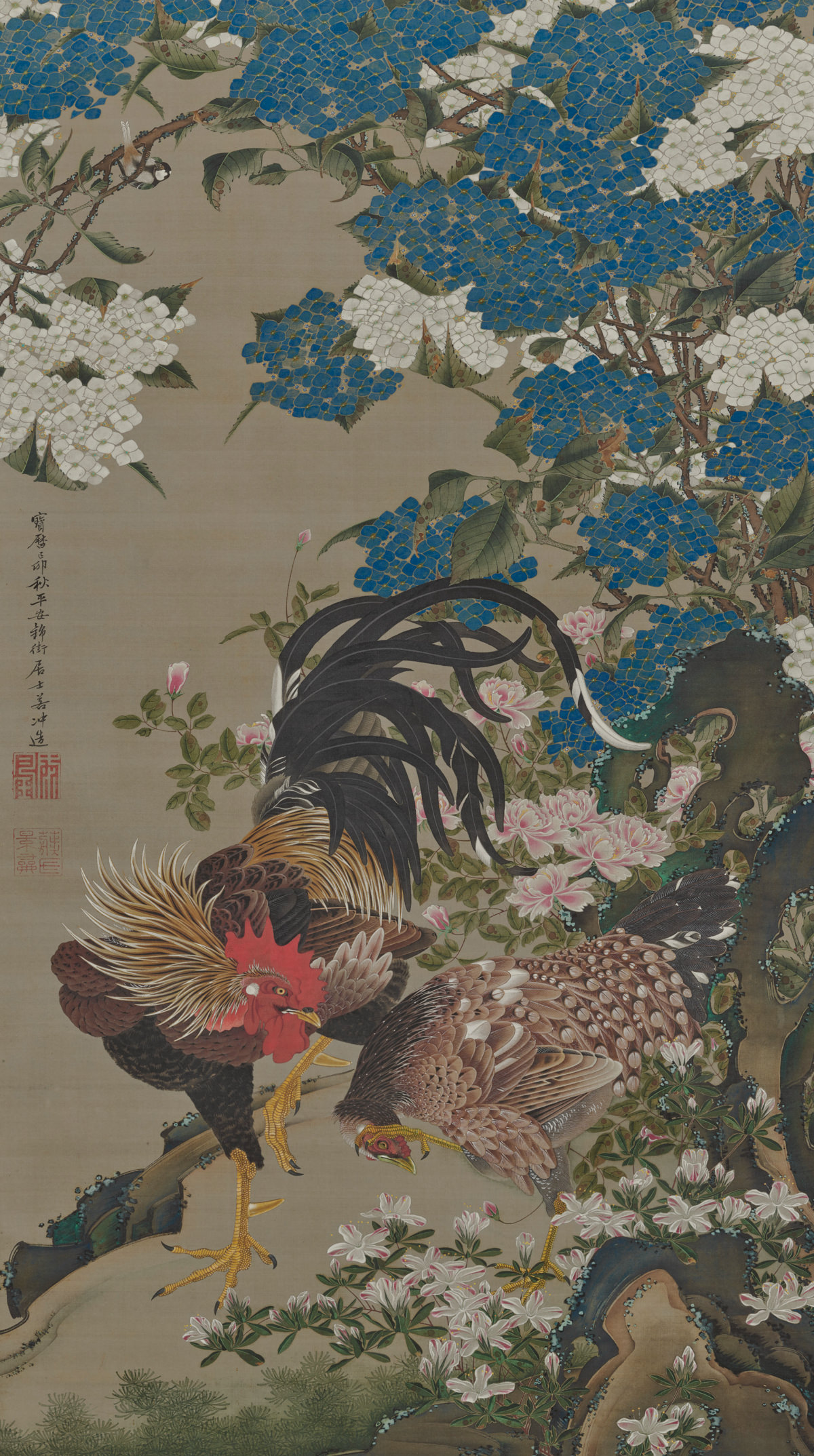 紫陽花双鶏図