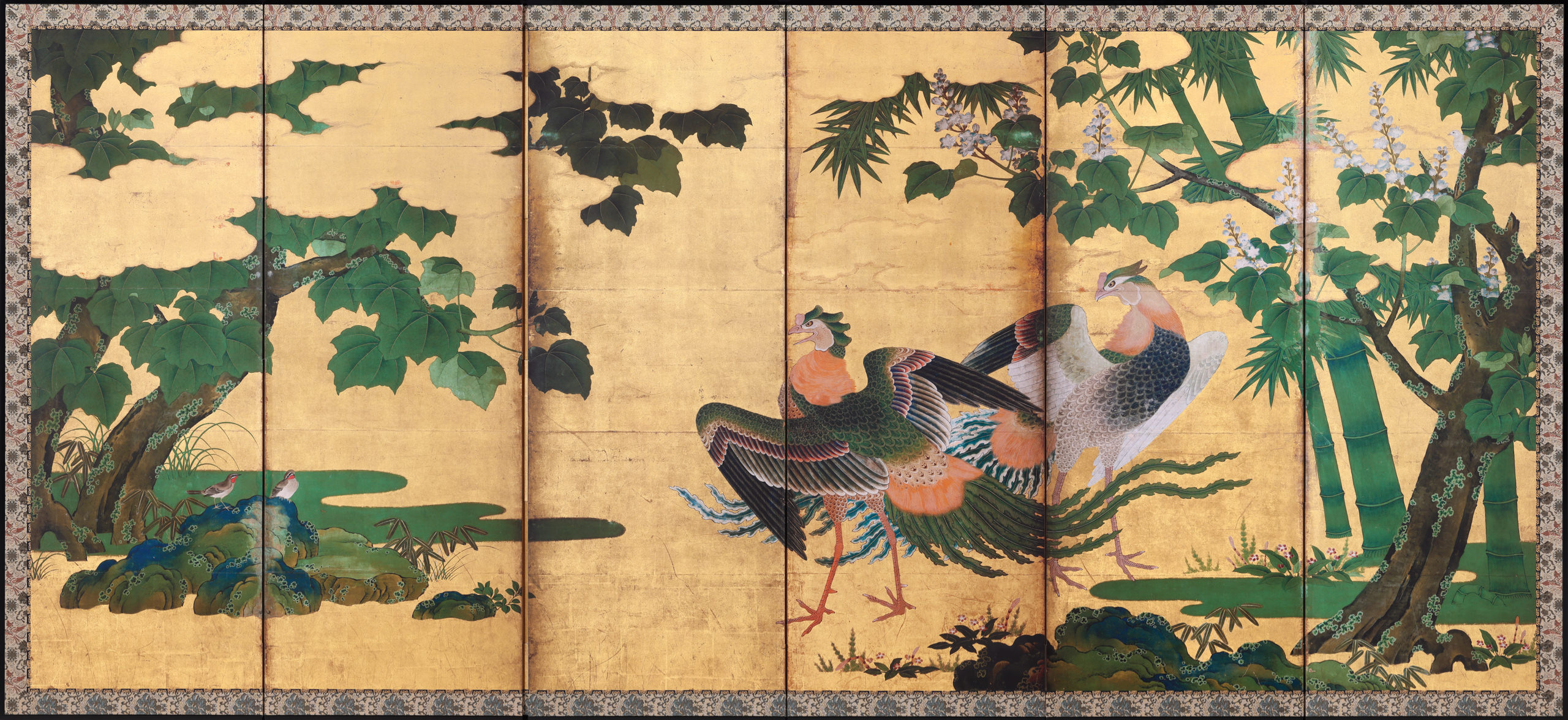 桐竹鳳凰孔雀図屏風 右隻