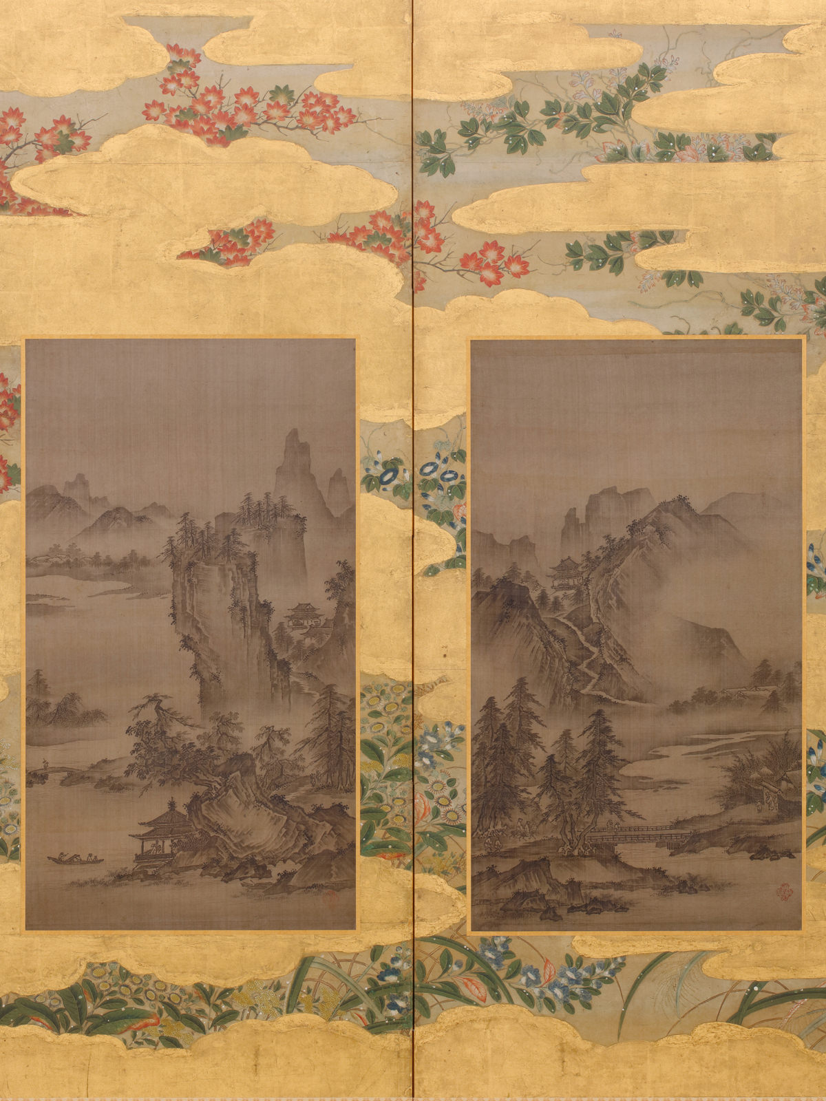 紙本金地著色四季松図〈狩野探幽筆／六曲屏風〉 文化遺産オンライン