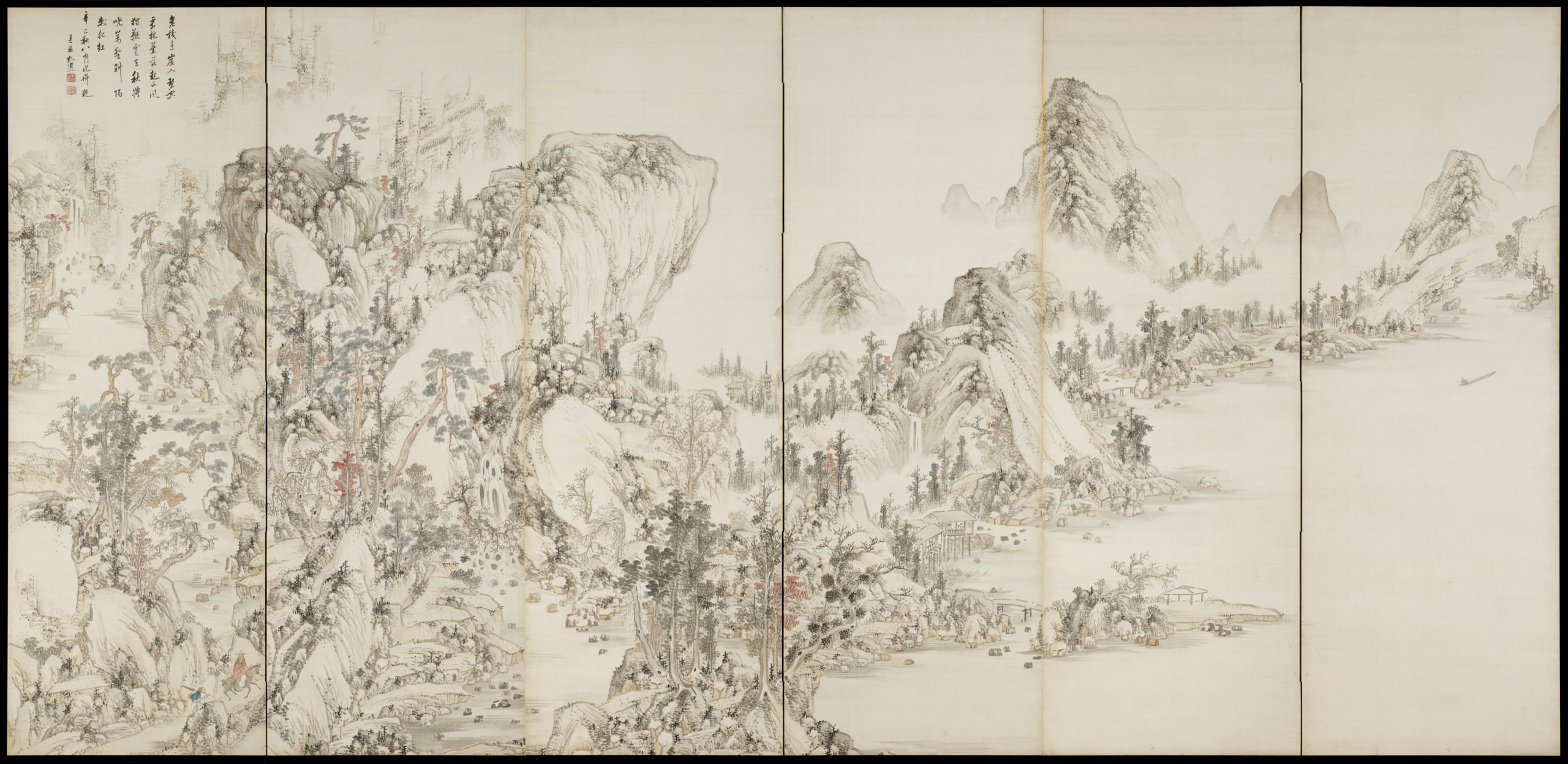 春秋山水図屏風 左隻